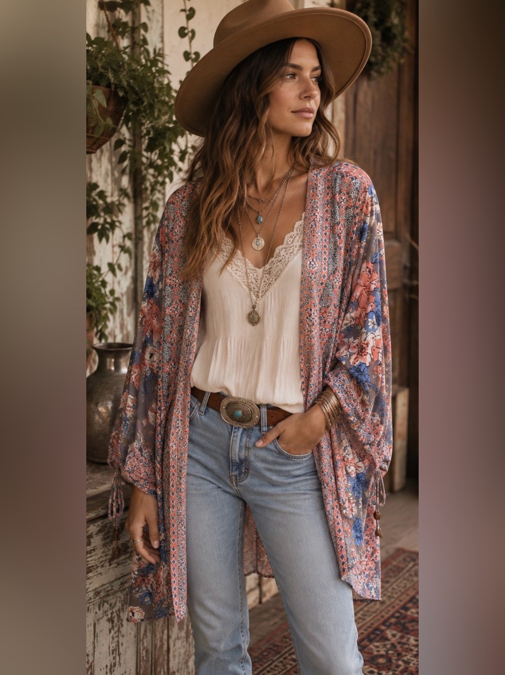 Angie Boho Floral Mixed Print Open Front Kimono Tunic
